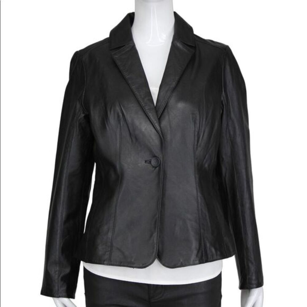 BirryShop‎ Black Genuine Leather Blazer Collar One Button Front Pockets Women’s